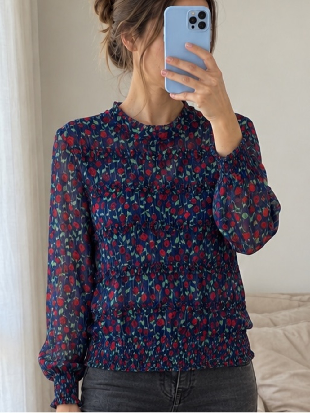The Kooples Navy Red Rose Floral Sheer Ruffle Blouse Small